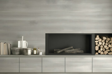 Modern Minimalist Fireplace with Wood Storage in a Light Gray Living Room Setting.