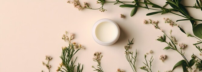 Fototapeta premium A serene cream-colored background with a few pastel-colored flowers, providing space for product placement.