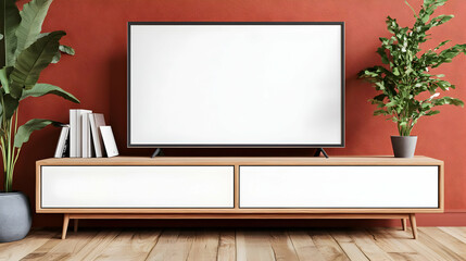 Blank TV screen on cabinet in living room with red wall, plants, and books perfectly arranged.