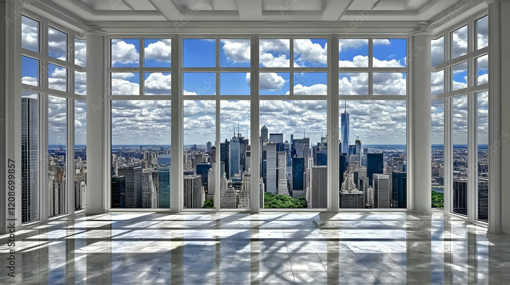 Poster empty room shows panoramic cityscape view with floor reflection and clouds gently drifting