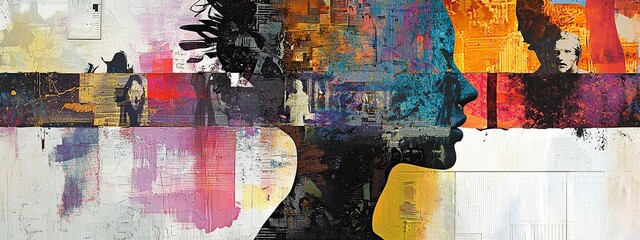 Fototapeta premium Bold abstract figure collage with layered shapes and textures in vibrant colors
