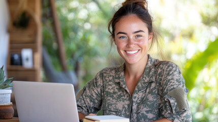 Australian woman in army uniform smiling, working with a laptop at tent