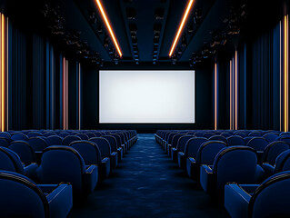 Obraz premium Empty Modern Cinema Auditorium with Blue Seats, a Blank White Screen, and Stylish Lighting