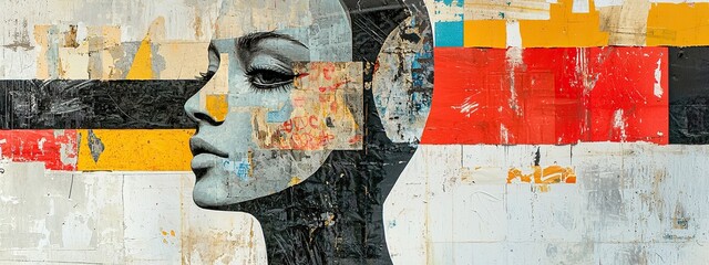 Fototapeta premium Bold abstract figure collage with layered shapes and textures in vibrant colors