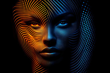 Abstract Face Art with Orange and Blue Lights on Black Beautifully Dynamically