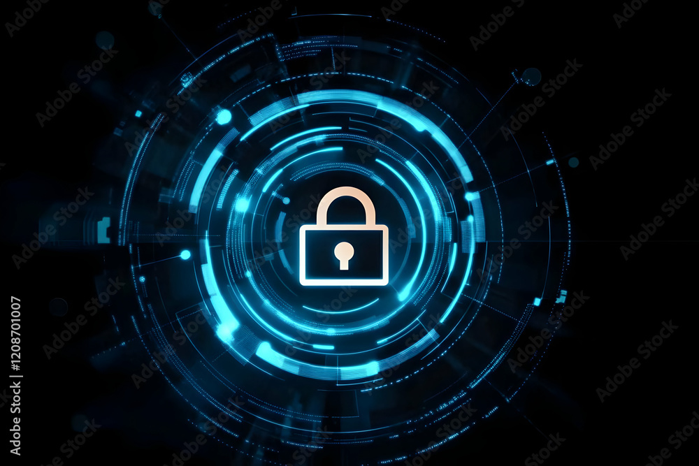 Poster digital padlock icon secured within futuristic blue circular interface design on dark background