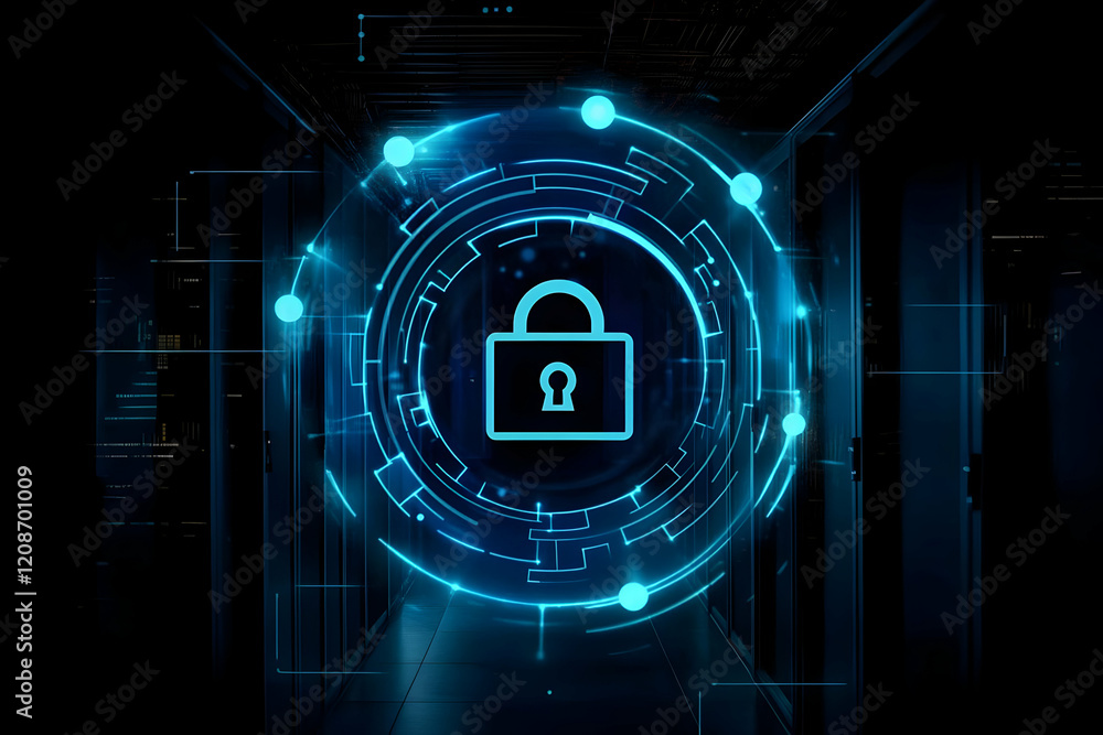 Poster digital padlock icon shines in server room corridor symbolizing secure data protection and privacy