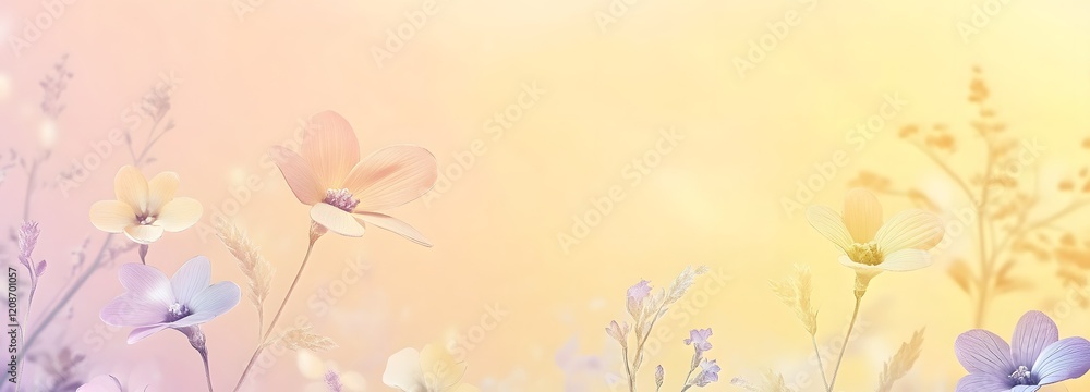 Poster a subtle gradient of soft yellow and lavender with floral embellishments and open space for product 