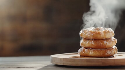 Steaming donuts on wood, kitchen background, food photography