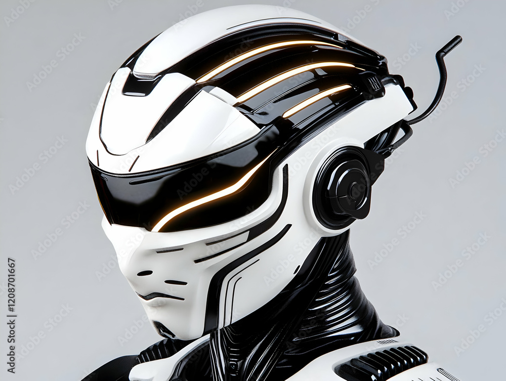 Poster futuristic robot head with glowing visor and intricate details in profile view