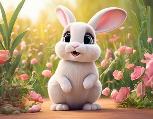 White surprised rabbit Big blue eyes Modern 3d cartoon style Cute bunny Floral field background Farm animal for kids Story book Pink and green colors Generative AI