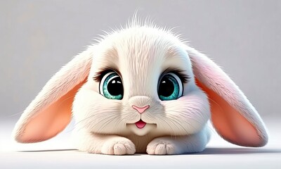White fluffy lop-eared hare Rabbit with big blue eyes Modern 3d cartoon style Cute bunny Floral field background Farm animal for kids Story book Generative AI