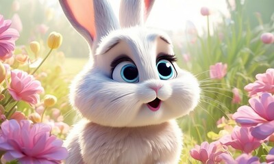 White surprised rabbit Big blue eyes Modern 3d cartoon style Cute bunny Floral field background Farm animal for kids Story book Pink and green colors Generative AI