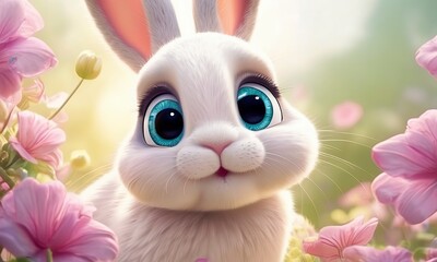 White rabbit Big blue eyes Modern 3d cartoon style Cute bunny Floral field background Farm animal for kids Story book Pink and green colors Generative AI