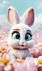 White rabbit Big blue eyes Modern 3d cartoon style Cute bunny Floral field background Farm animal for kids Story book Pink and blue colors Generative AI