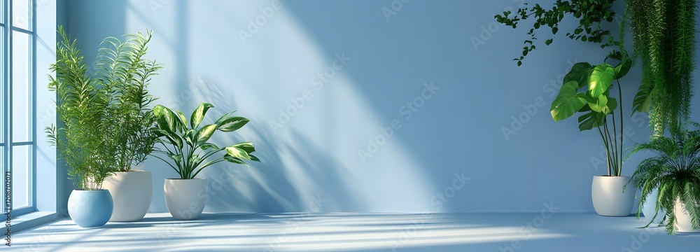 Poster a calming pale blue backdrop with a touch of greenery and open space for product showcasing.