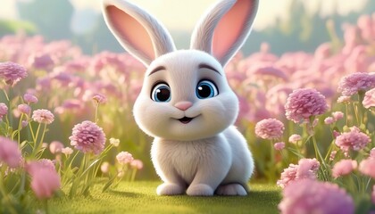 White rabbit Big blue eyes Modern 3d cartoon style Cute bunny Floral field background Farm animal for kids Story book Generative AI