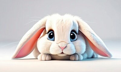 Cute lop-eared hare Bunny with big blue eyes in 3d cartoon character on white background Close up Isolated Farm animal for kids Story book Generative AI