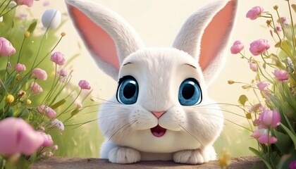 White surprised rabbit Big blue eyes Modern 3d cartoon style Cute bunny Floral field background Farm animal for kids Story book Generative AI