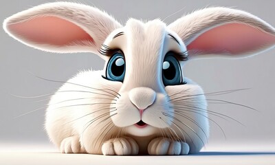 White scared rabbit Big blue eyes Modern 3d cartoon style Cute bunny Gray background