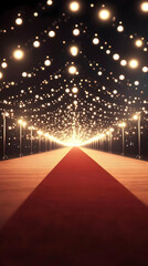 Red Carpet Runway Extends into a Glittering Night, Illuminated by Elegant Streetlights and Sparkling Particles