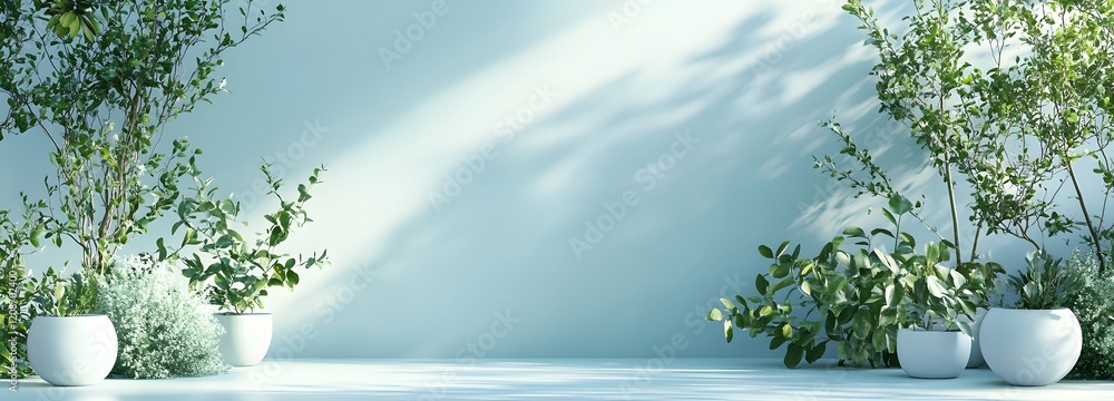 Poster a calming pale blue backdrop with a touch of greenery and open space for product showcasing.