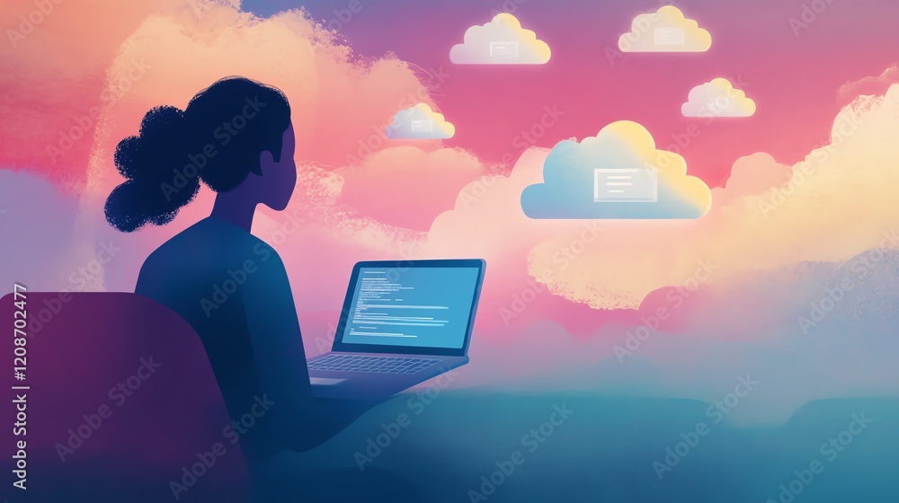 Poster person using a laptop while looking at cloud technology and data in a colorful digital environment
