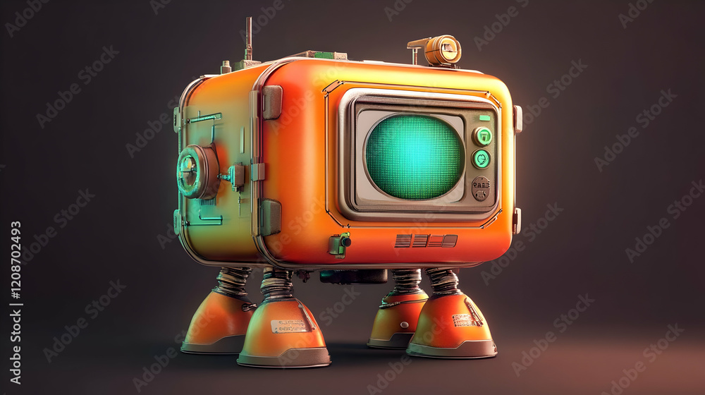 Poster 3d illustration of a retro robot with antenna and screen on a dark background