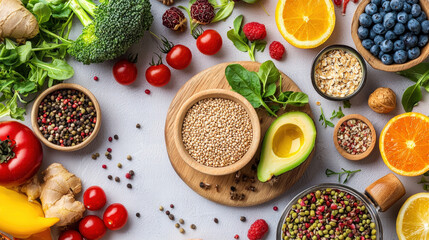 vibrant kitchen scene featuring fresh vegetables, fruits, and healthy ingredients. Colorful produce like broccoli, tomatoes, and berries are arranged beautifully, promoting healthy lifestyle