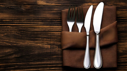 Silverware Wrapped in Brown Napkin on Rustic Wooden Table, Ready for a Meal
