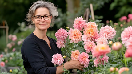 Gardener tending dahlias in a garden; idyllic background for gardening blogs or websites