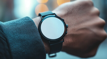 A blank round smartwatch on a wrist with an empty screen, minimalistic style, modern design, bright tone, blurred background, and space for captions, emphasizing simplicity and futuristic technology

