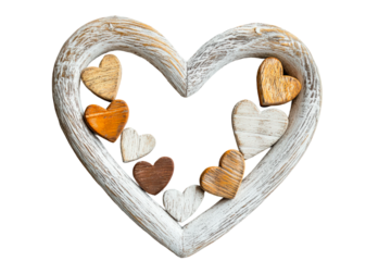 Wooden heart frame with decorative hearts in various shades isolated on transparent background