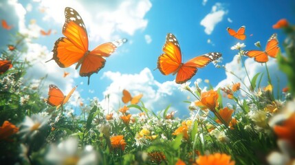 Sunny meadow butterflies flying, flowers, sky