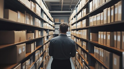 Man Walking Through a Storage Area Filled With Neatly Organized Boxes During the Afternoon