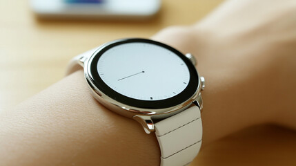 A blank round smartwatch on a wrist with an empty screen, minimalistic style, modern design, bright tone, blurred background, and space for captions, emphasizing simplicity and futuristic technology

