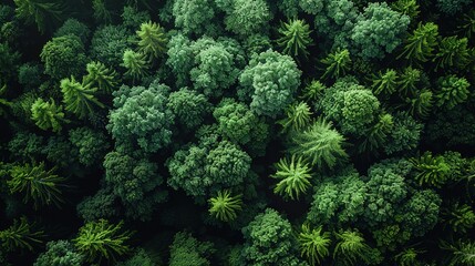 Aerial View of Dense Green Forest Canopy with Various Types of Trees and Textures