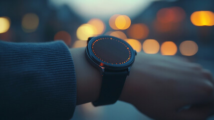 A blank round smartwatch on a wrist with an empty screen, minimalistic style, modern design, bright tone, blurred background, and space for captions, emphasizing simplicity and futuristic technology

