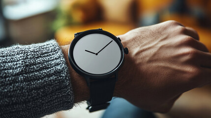 A blank round smartwatch on a wrist with an empty screen, minimalistic style, modern design, bright tone, blurred background, and space for captions, emphasizing simplicity and futuristic technology

