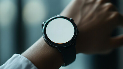 A blank round smartwatch on a wrist with an empty screen, minimalistic style, modern design, bright tone, blurred background, and space for captions, emphasizing simplicity and futuristic technology

