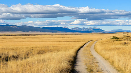Fototapeta premium Golden prairie road leading to distant mountains under a partly cloudy sky; scenic travel background