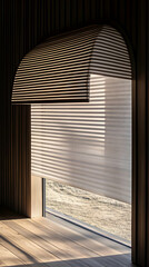 Fototapeta premium Modern Striped Window Blinds Partially Cover a Window in a Room with Wooden Walls and Floors.