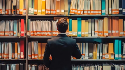 Business Professional Examining Files in a Modern Archive During Work Hours to Organize Important Documents