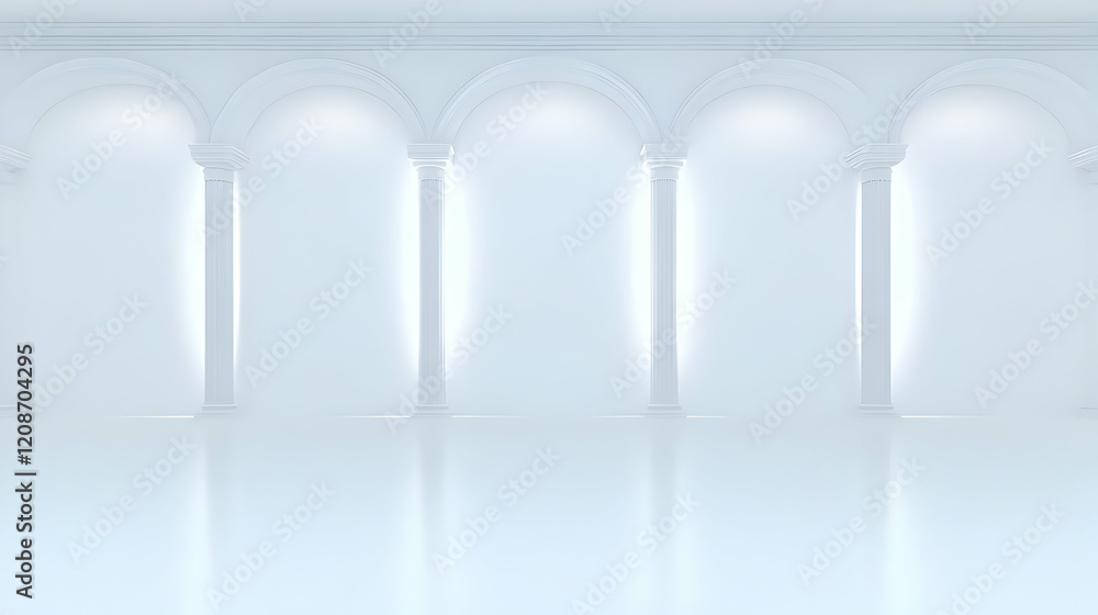 Poster white archways and columns create a serene architectural space in a 3d render
