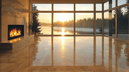 Fototapeta premium Sunrise lake view from modern home's living room; perfect for real estate listings