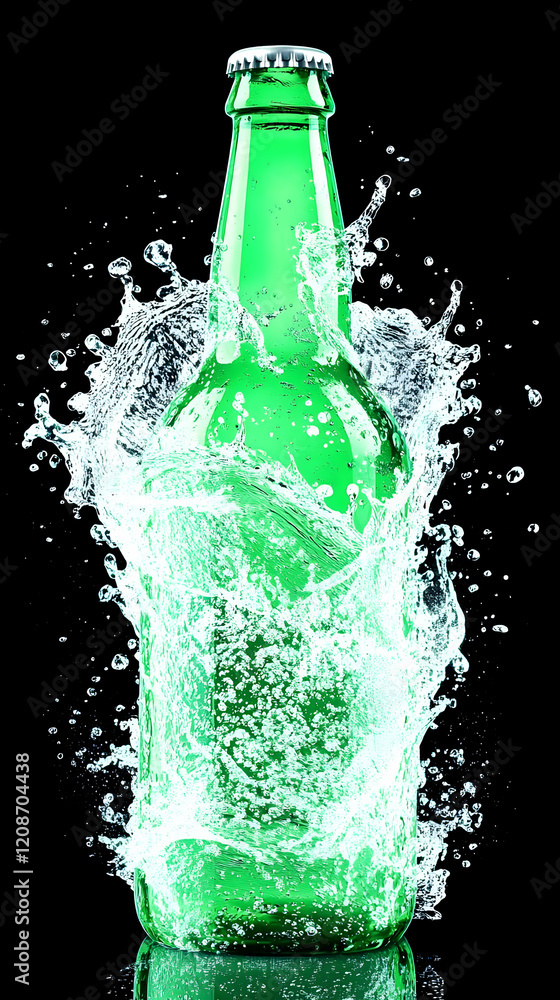Poster green glass bottle splashed with clear water dynamically on a black background with reflection