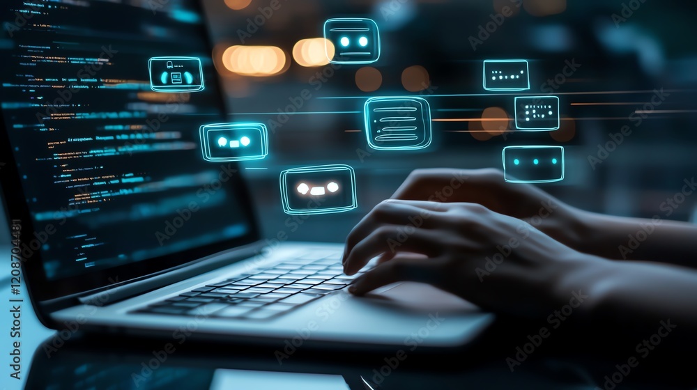 Poster hands typing on a laptop with abstract technology graphics overlay at night