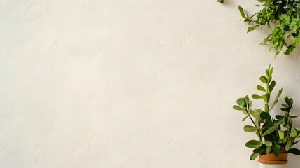 Greenery on white background, copy space, flat lay, plants, home decor, website banner