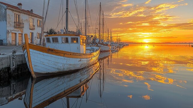 Sunrise over harbor; fishing boats docked; calm waters reflecting sky; picturesque coastal town