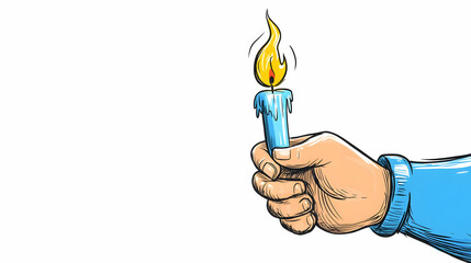 Hand holding a lit blue candle against white background; hope, remembrance, or wish concept; ideal for websites, cards